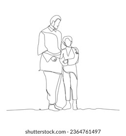 Single line drawing of father and his children holding hands out line vector art illustration