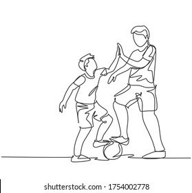 Single line drawing of father and son playing football together on outdoor field and giving high five gesture. Parenting concept continuous line draw design graphic vector illustration