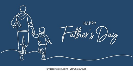 Single line drawing of a father and son in motion. Minimalist vector art on a white backdrop.