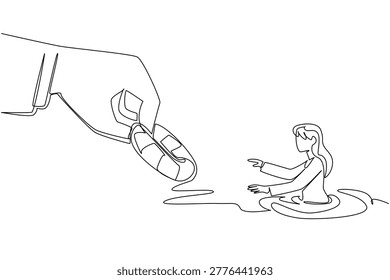 Single line drawing featuring massive hand tossing lifebuoy to struggling young businesswoman beauty who swim at the sea. Business financial bailout concept designed for a corporate crisis magazine.