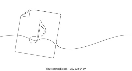 A single line drawing of a file with note symbol. Continuous line musical note icon. One line icon mp3. Vector illustration.