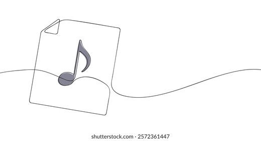 A single line drawing of a file with note symbol. Continuous line musical note icon in color. One line icon mp3. Vector illustration.