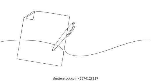 A single line drawing of a file with pen. Continuous line pen writing on paper icon. One line icon. Vector illustration.