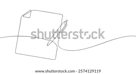 A single line drawing of a file with pen. Continuous line pen writing on paper icon. One line icon. Vector illustration.