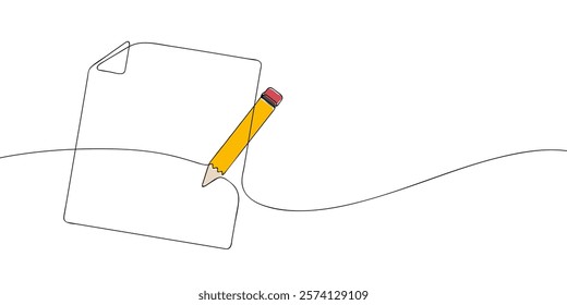 A single line drawing of a file with pencil. Continuous line pencil writing on paper icon in color. One line icon. Vector illustration.