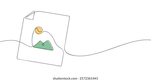 A single line drawing of a file with picture symbol. Continuous line gallery icon in color. One line icon jpg file. Vector illustration.