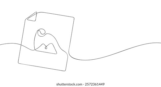 A single line drawing of a file with picture symbol. Continuous line gallery icon. One line icon jpg file. Vector illustration.