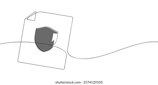 A single line drawing of a file with shield. Continuous line secure file icon in color. One line icon. Vector illustration.
