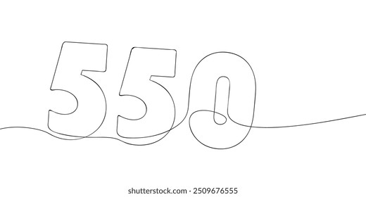 A single line drawing of a five hundred and fifty symbol. Continuous line five hundred and fiftieth number icon. One line icon. Vector illustration.