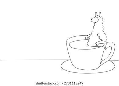 Einzeilige Zeichnung von flauschigen niedlichen Alpaka zeigt das wilde Tier Einweichen in warme Kaffeetasse für Naturkonzept. Minimalistisches Design steht für internationales Kaffeetag-Thema für Kinder Veranstaltungen Dekoration