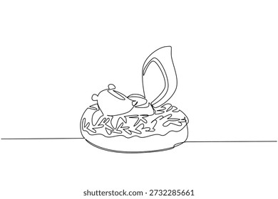 Single line drawing of fluffy tailed skunk features wild animal sitting inside glazed donut for snack food concept. Minimalist design of kids stationery purpose for rainforest wildlife day event theme