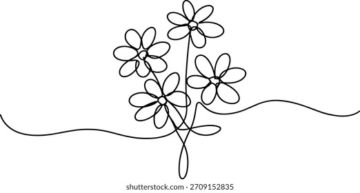 Dibujo de una sola línea de cuatro margaritas con tallo ondulado