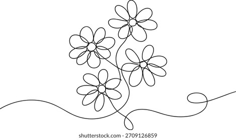 Dibujo de una sola línea de cuatro flores de margarita en los subgrupos