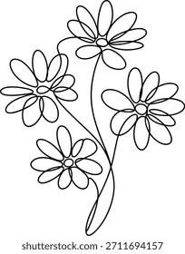 Desenho de linha única de quatro flores margaridas sobre fundo branco
