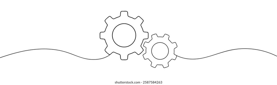 Single line drawing with gear. One continuous line illustration of gear wheel.