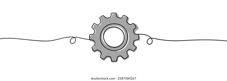 Single line drawing with gear. One continuous line illustration of gear wheel.
