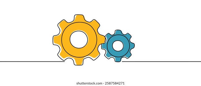 Single line drawing with gear. One continuous line illustration of gear wheel.
