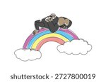 Single line drawing of a gentle gorilla ape snoozing and sleeping supine on rainbow. Nature concept illustration depicts a primate theme for World Gorilla Day. Cute vector design for zoo banner