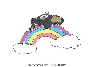 Einzeilige Zeichnung eines sanften Gorilla-Affen, der auf dem Regenbogen schnaubt und schläft. Naturkonzept Illustration zeigt ein Primatenthema für den Welt Gorilla Tag. Nettes Vektordesign für Zoobanner