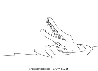 Single line drawing of giant crocodile head sticking out of water lake. Scary predator animal concept for World Croc Day wildlife documentary presentation slide layout design visual art.