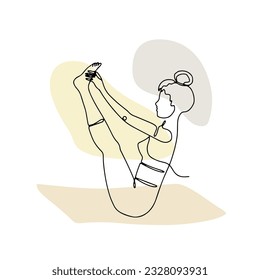Single line drawing of a girl in big toe hold yoga pose with abstract shapes. Linear hand drawn doodle on white background