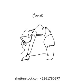Single line drawing of a girl in camel yoga pose with name text. Linear hand drawn doodle on white background