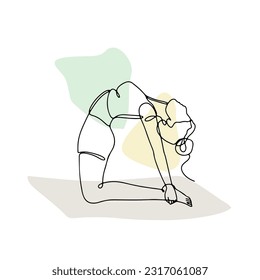 Single line drawing of a girl in camel yoga pose with abstract shapes. Linear hand drawn doodle on white background