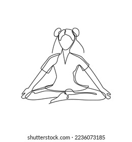 Single line drawing of a girl sitting in a yoga pose. Doodle illustration of relaxing workout.