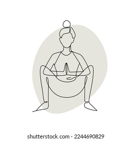 Single line drawing of a girl sitting in a yoga pose with abstract shape background. Doodle illustration of relaxing workout.