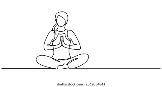 Single line drawing of a girl sitting in a yoga pose. Doodle illustration of relaxing workout, One continuous single line of woman sitting yoga isolated on white background, Person sitting in lotus. 