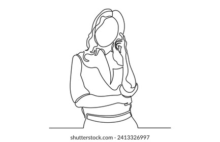 Single line drawing of a girl thinking about solving problems. Continuous line drawings of a young woman depressed and thinking.vector illustration.
