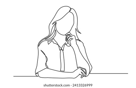 Single line drawing of a girl thinking about solving problems. Continuous line drawings of a young woman depressed and thinking.vector illustration.
