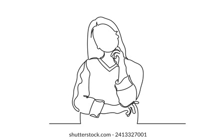 Single line drawing of a girl thinking about solving problems. Continuous line drawings of a young woman depressed and thinking.vector illustration.
