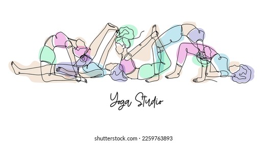 Single line drawing of a girl in yoga pose with abstract shapes with Yoga studio text. Linear hand drawn doodle on white background