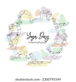 Single line drawing of girls in yoga poses with abstract shapes. International Yoga day text. Linear hand drawn doodle on white background