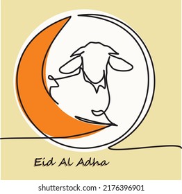 Dibujo de una sola línea de cabra y luna creciente. Antecedentes vectoriales simples de Eid al-Adha, banner web con ovejas de cabra y media luna. Ilustración vectorial de Eid al-Adha para tarjeta de saludo, icono, logotipo, afiche.