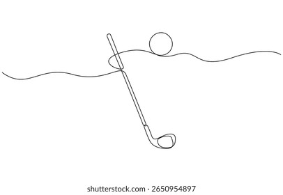 Single line drawing of a golf stick and ball. Represents precision, relaxation, and professional golf sport. Golf putter continuous one line drawing, Golf line icon.