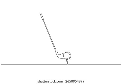 Single line drawing of a golf stick and ball. Represents precision, relaxation, and professional golf sport. Golf putter continuous one line drawing, Golf line icon.