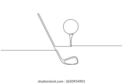 Single line drawing of a golf stick and ball. Represents precision, relaxation, and professional golf sport. Golf putter continuous one line drawing, Golf line icon.