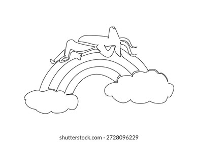 Single line drawing of graceful gazelle antelope sleeping supine on a rainbow. Nature concept illustration depicts a grassland theme for African wildlife. Cute design for safari tour brochure
