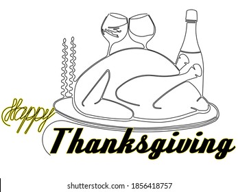 Single line drawing greting card Happy Thanksgiving. Continuous line minimalis design isolated on white background vector illustration.