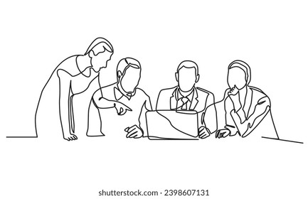 dibujo de una sola línea de un grupo de hombres y mujeres de negocios que trabajan juntos en una sala de oficinas. traza continua de personas que trabajan juntas en la oficina. El concepto de equipo de negocios y de trabajo en equipo.