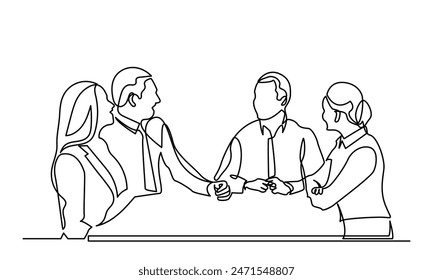 single line drawing of a group of businessmen and women working together in an office room. continuous line drawing of working people together in the office. Business team and teamwork concept.