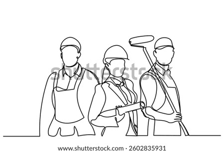Single line drawing of a group of construction workers. men and women of different professions.continuous line group of workers team Labor with engineer team confident portrait. Workers and Labor Day.