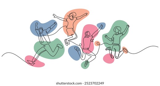 Single line drawing of a group of people jumping with happy. Concept of celebration and excitement. Vector illustration with colorful decoration.