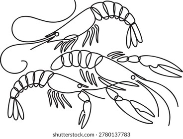 Single line drawing of group of shrimp and lobster shellfish. Minimalist aquatic animals for seafood restaurant branding. Hand drawn linear art of marine life. Clean black outlines of prawns and crawfish. Vector illustration for grocery store and cooking menu. Artistic sketch of edible sea creatures.