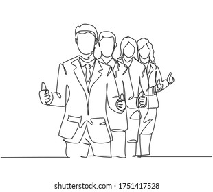 Single line drawing group of line up young happy businessmen standing up together and giving thumbs up gesture. Business teamwork concept. Continuous line draw design vector illustration