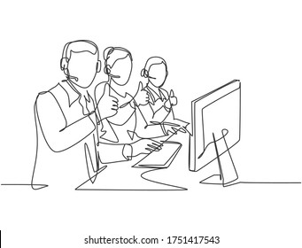 Single line drawing group of young male and female call center workers sitting in front of computer and giving thumbs up gesture. Customer service business concept continuous line draw design