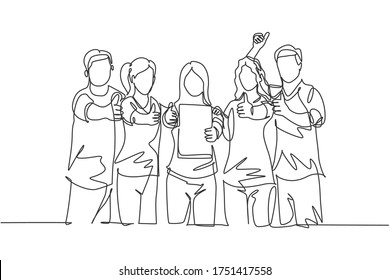 Single line drawing group of young happy entrepreneur show the award certificate and giving thumbs up gesture together. Business achievement concept. Continuous line draw design vector illustration