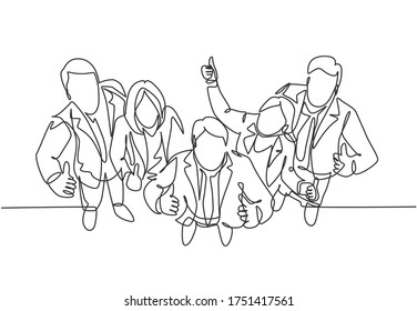 Single line drawing group of line up young businessmen and businesswoman standing up together giving thumbs up gesture from top view. Business concept. Continuous line draw design vector illustration